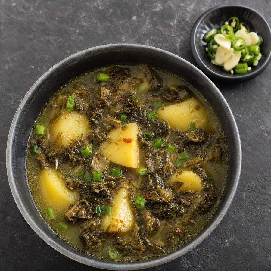 Nepali Gundruk Soup with Potato, original finished dish food photograph