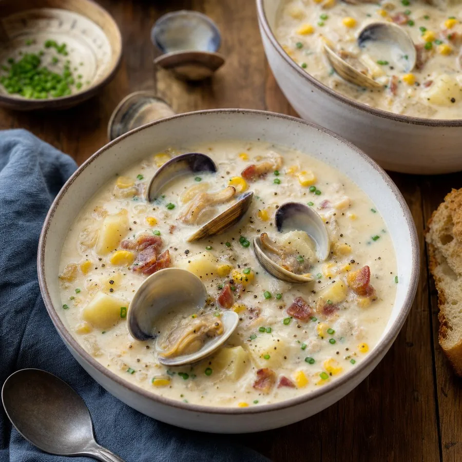 New England Clam and Corn Chowder for Two, finished dish