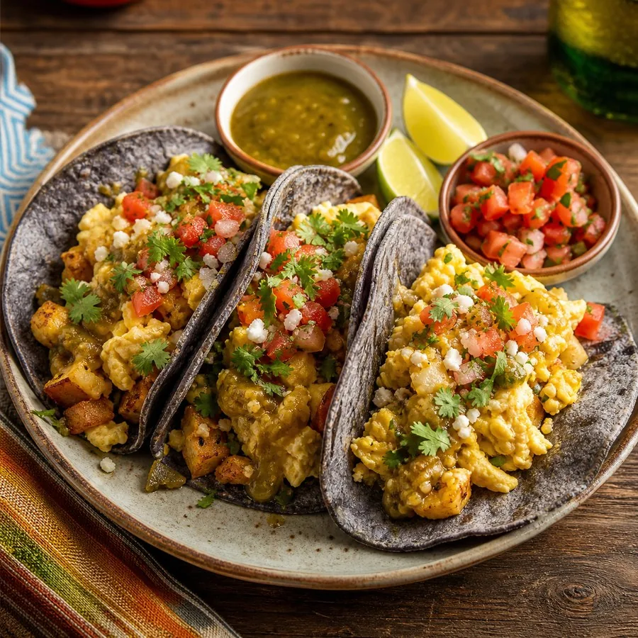 New Mexican Blue Corn Breakfast Tacos, finished dish
