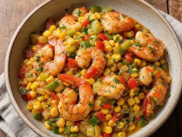 New Orleans Shrimp and Corn Maque Choux, finished dish