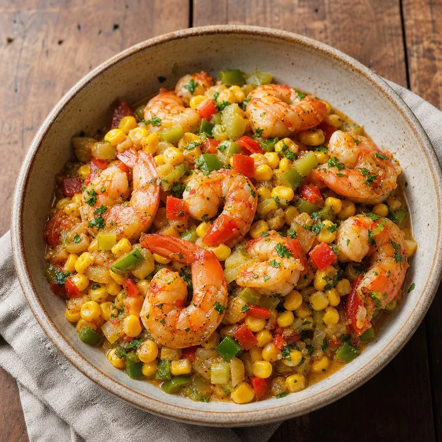 New Orleans Shrimp and Corn Maque Choux, finished dish