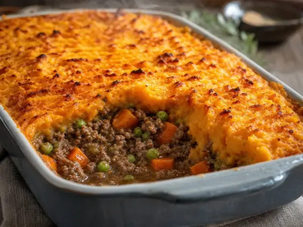 Golden kumara-topped lamb shepherd's pie in a ceramic dish