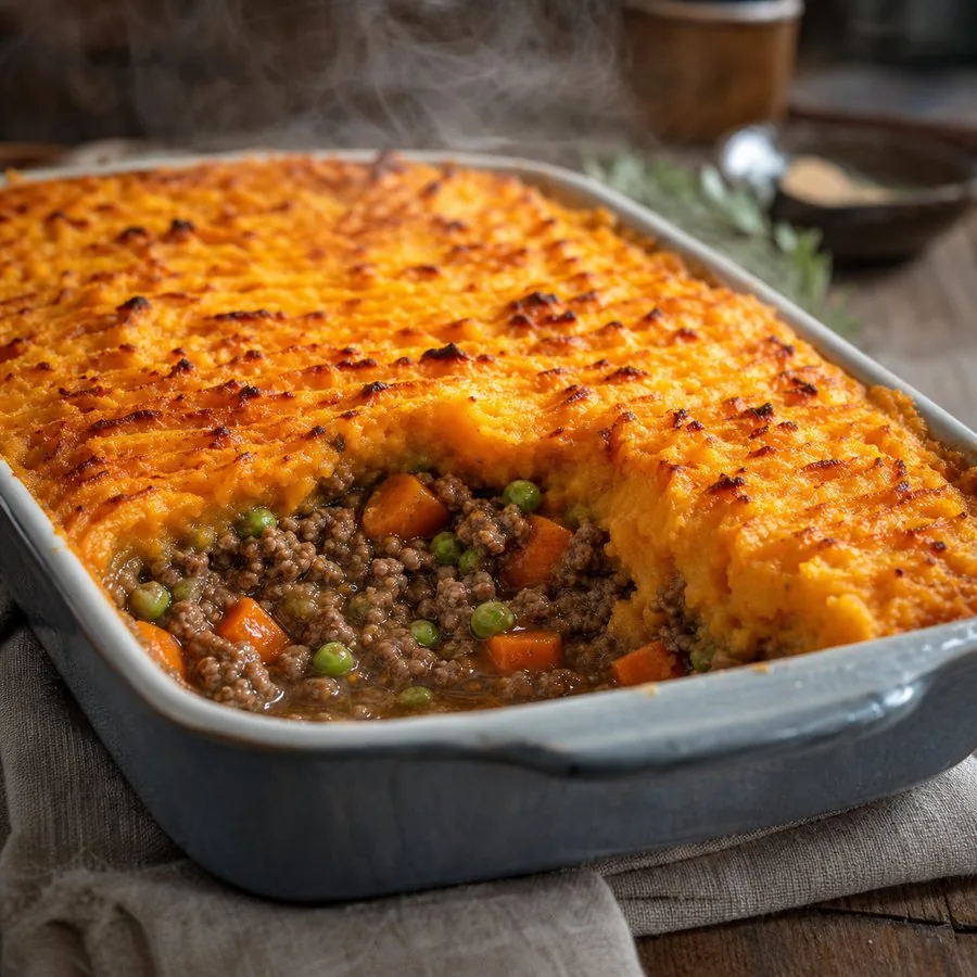Golden kumara-topped lamb shepherd's pie in a ceramic dish