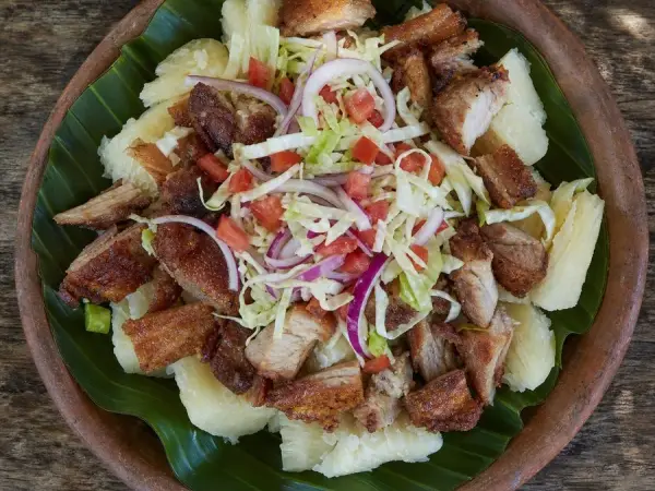 Nicaraguan Vigoron-Inspired Pork and Yuca Bowls, finished dish