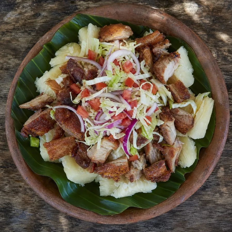 Nicaraguan Vigoron-Inspired Pork and Yuca Bowls, finished dish
