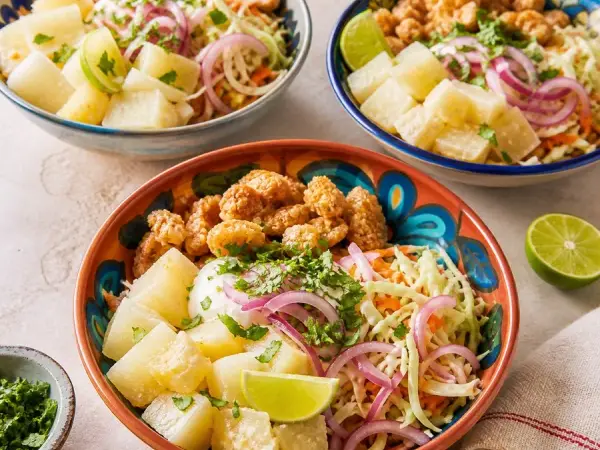 Nicaraguan Vigoron Yuca Cabbage Bowls, finished dinner