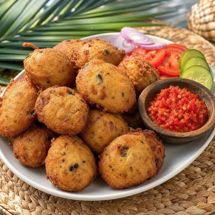 Nigerian Akara Black-Eyed Pea Fritters, plated as a finished dinner