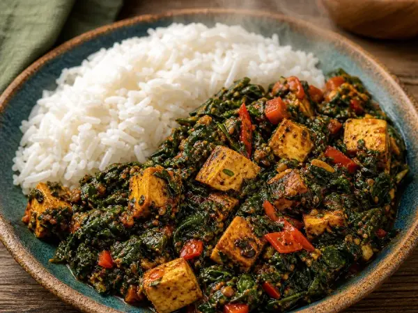 Nigerian Efo Riro Tofu with Rice, plated as a finished dinner