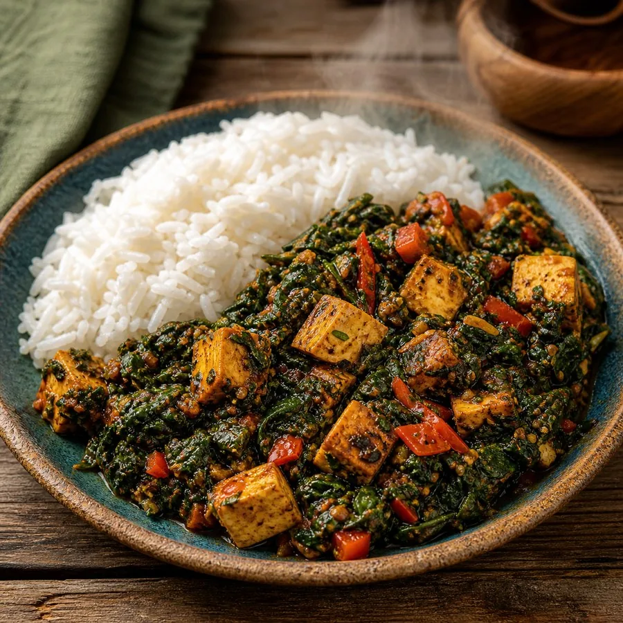 Nigerian Efo Riro Tofu with Rice, plated as a finished dinner