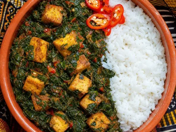 Nigerian-inspired Efo Riro with tofu and rice