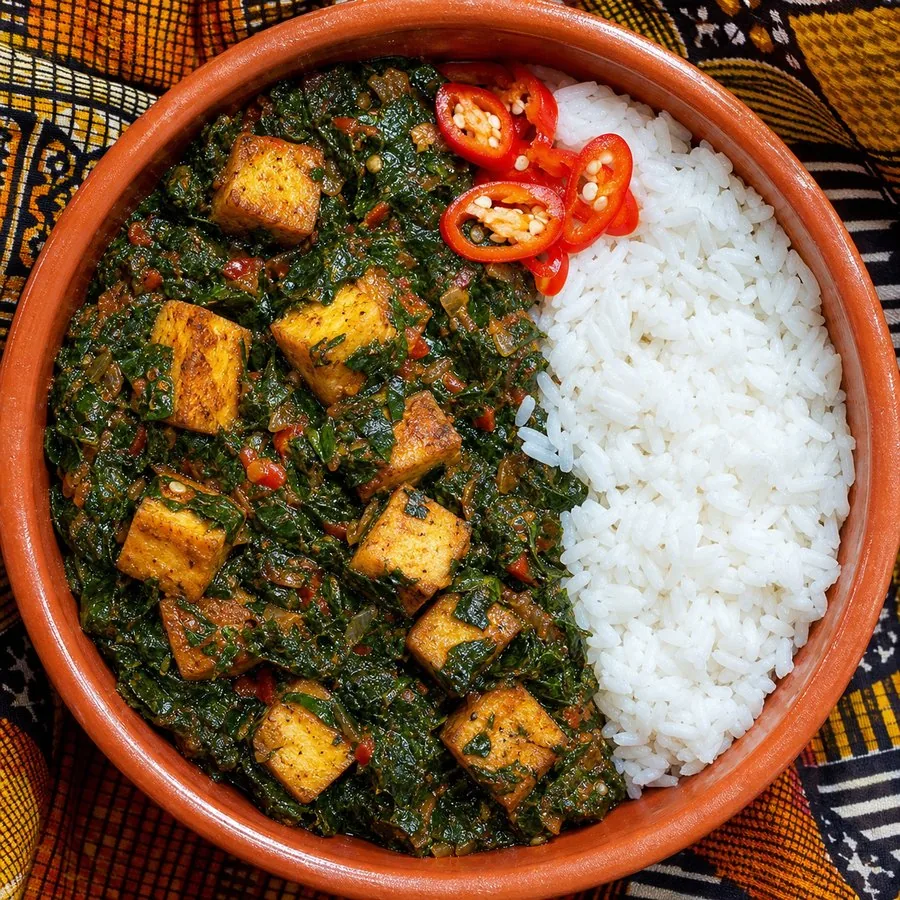 Nigerian-inspired Efo Riro with tofu and rice