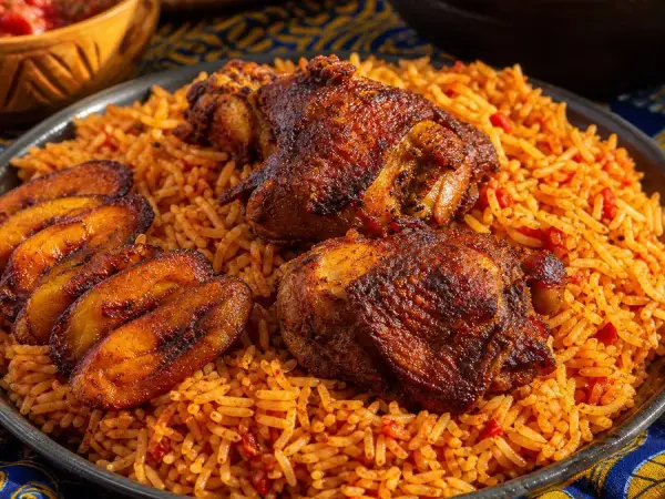 Nigerian Jollof Rice with Spiced Chicken, finished dish