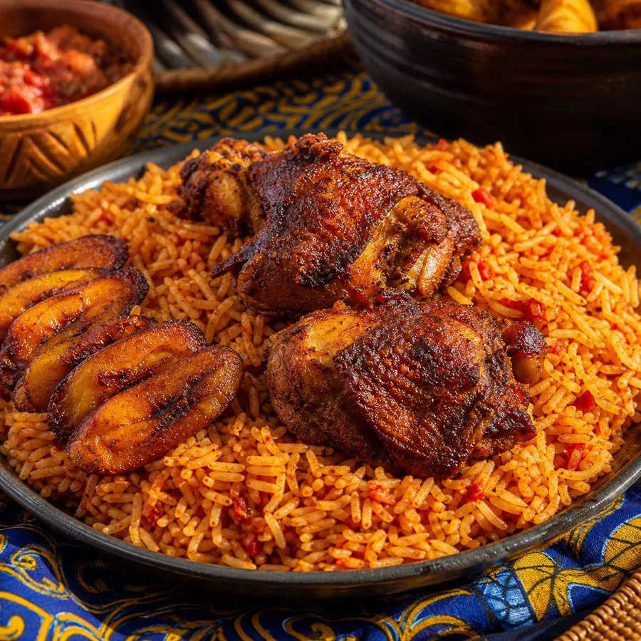 Nigerian Jollof Rice with Spiced Chicken, finished dish