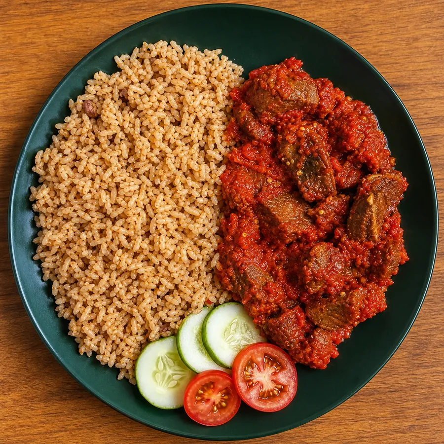 Nigerian Ofada Rice with Beef Pepper Sauce and cucumber