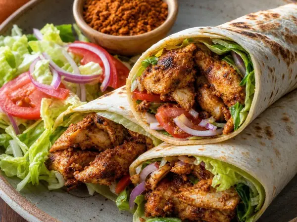 Nigerian Suya Chicken Wraps, plated as a finished dinner