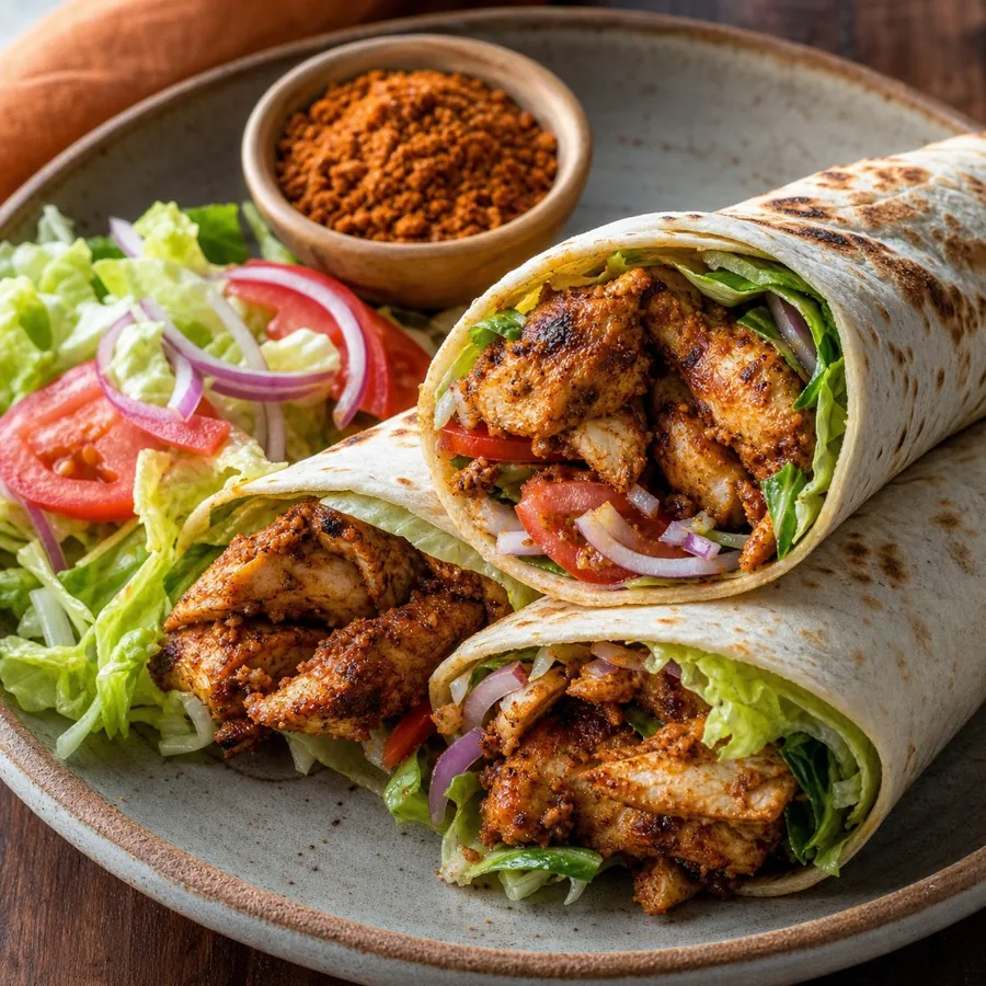 Nigerian Suya Chicken Wraps, plated as a finished dinner