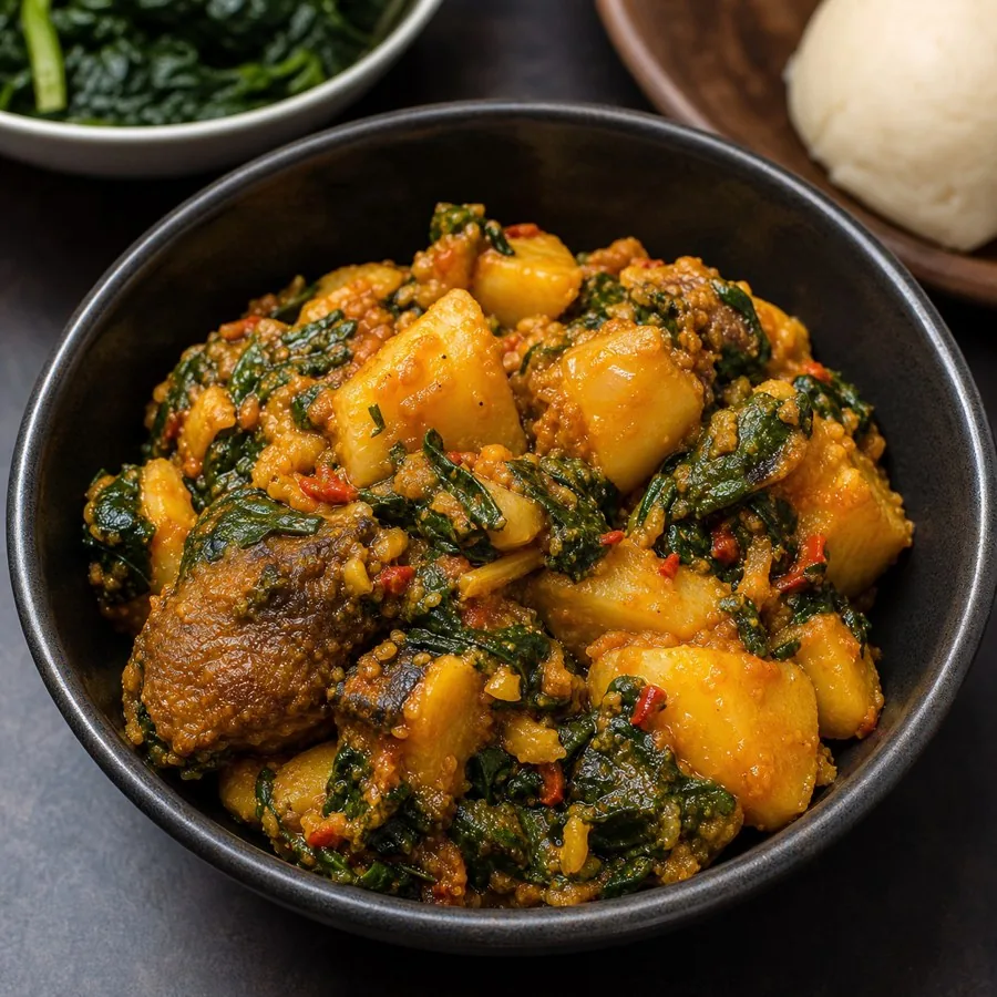 Nigerian Yam Porridge with Spinach, plated as a finished dinner