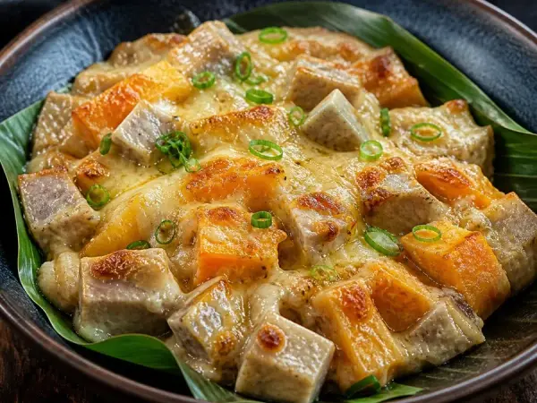 Niuean Takihi Taro Papaya Bake, plated as a finished dinner