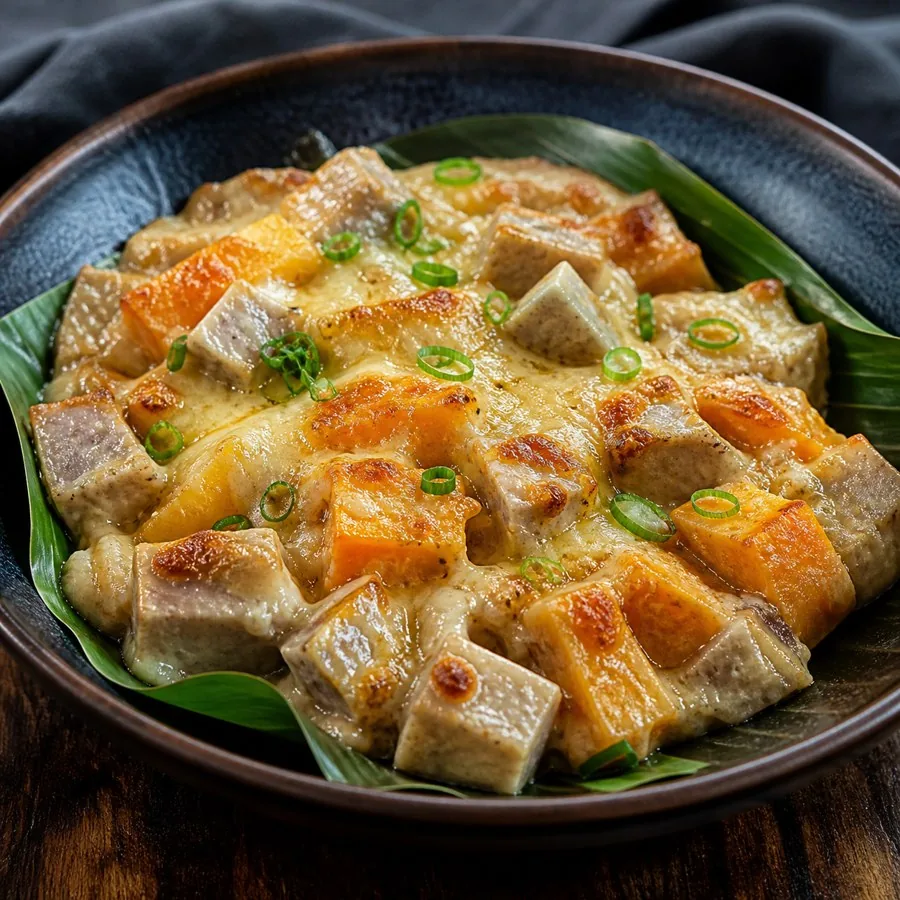 Niuean Takihi Taro Papaya Bake, plated as a finished dinner