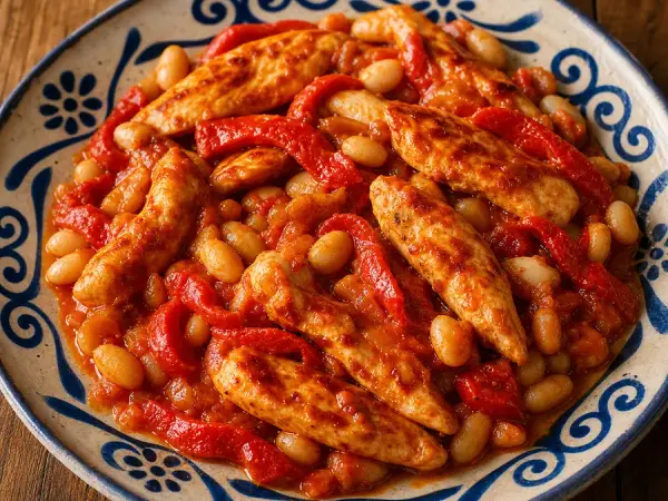 Ajvar chicken with white beans and roasted peppers