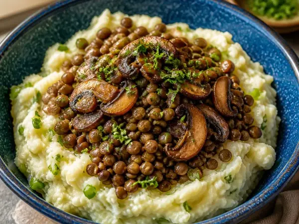 Northern Irish Champ with Mushroom Lentils, plated and ready to serve