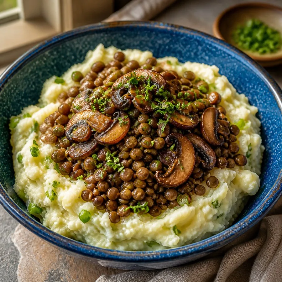 Northern Irish Champ with Mushroom Lentils, plated and ready to serve