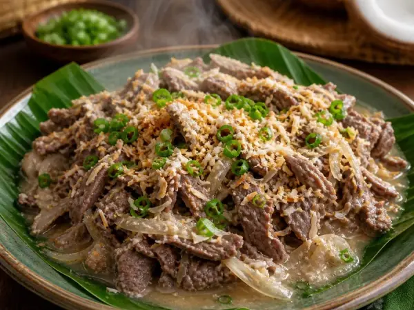 Northern Mariana Tinaktak Beef with Coconut, plated as a finished dinner