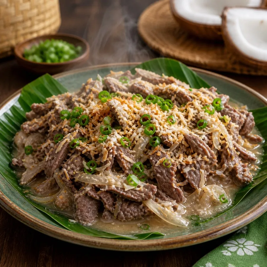 Northern Mariana Tinaktak Beef with Coconut, plated as a finished dinner