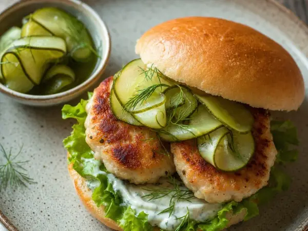 Norwegian Fiskekaker Sandwich with Pickled Cucumber, finished dish