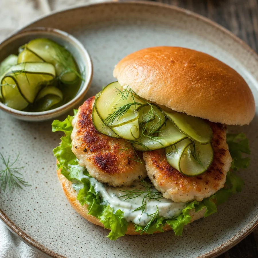 Norwegian Fiskekaker Sandwich with Pickled Cucumber, finished dish