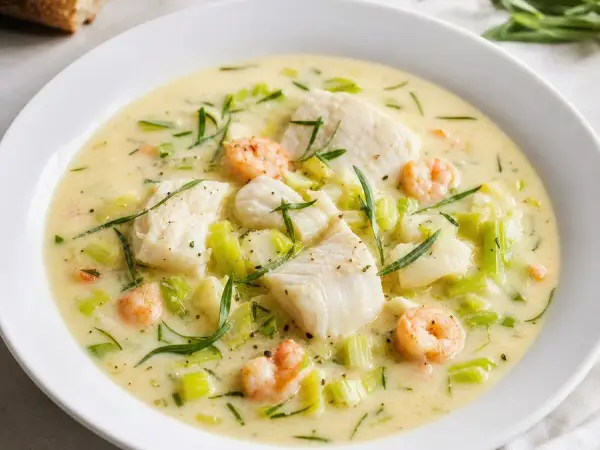Norwegian Fiskesuppe with Cod and Leeks, plated and ready to serve