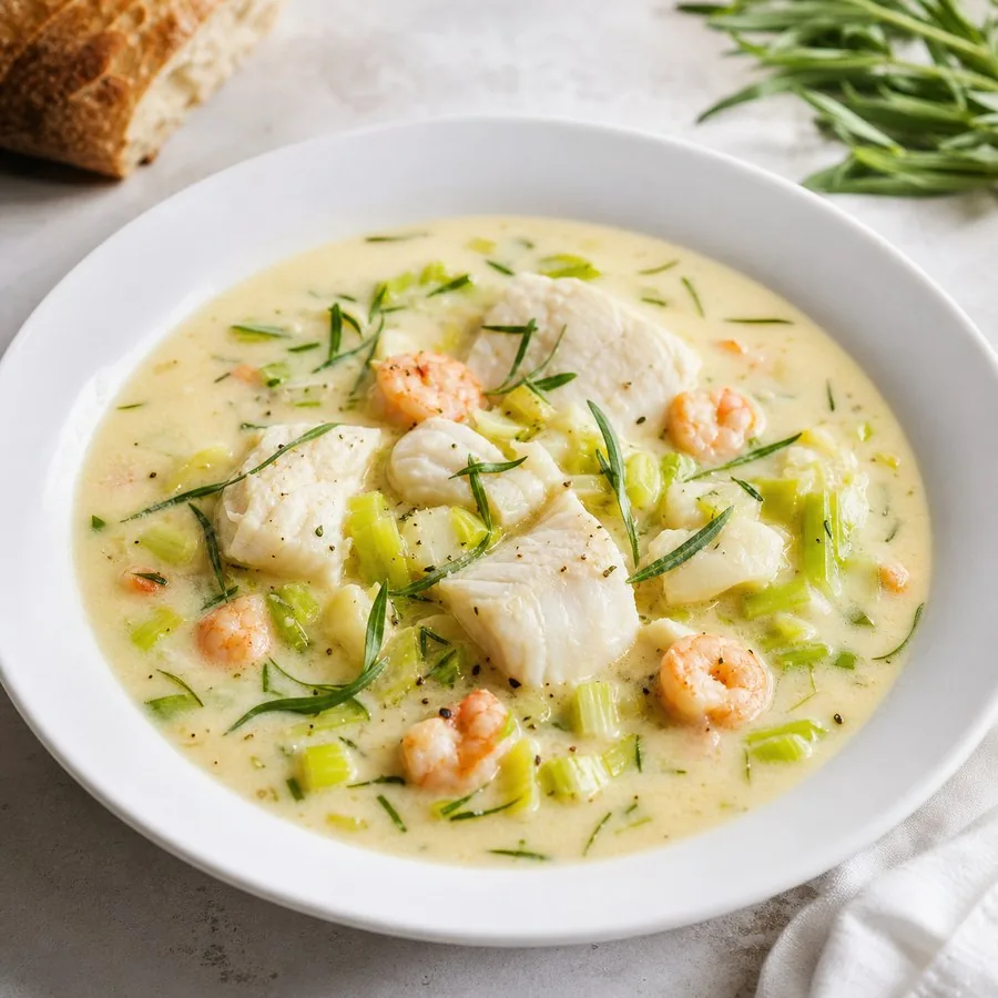 Norwegian Fiskesuppe with Cod and Leeks, plated and ready to serve