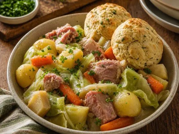 Nova Scotia Hodge Podge with Herb Biscuits, finished dish