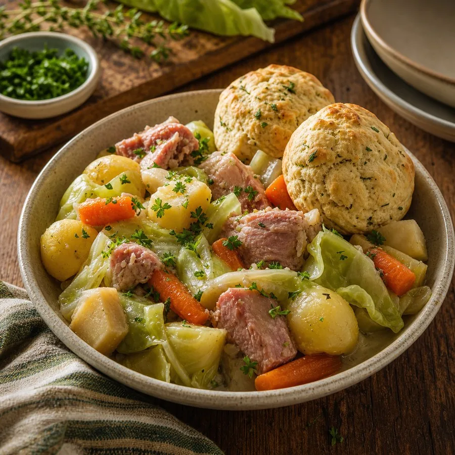 Nova Scotia Hodge Podge with Herb Biscuits, finished dish