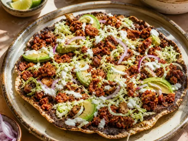 Oaxacan Tlayuda with Mushroom Chorizo, finished dish