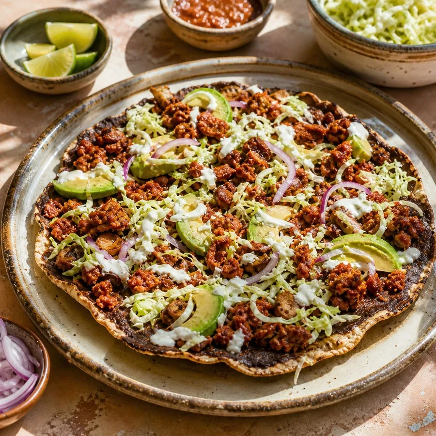 Oaxacan Tlayuda with Mushroom Chorizo, finished dish