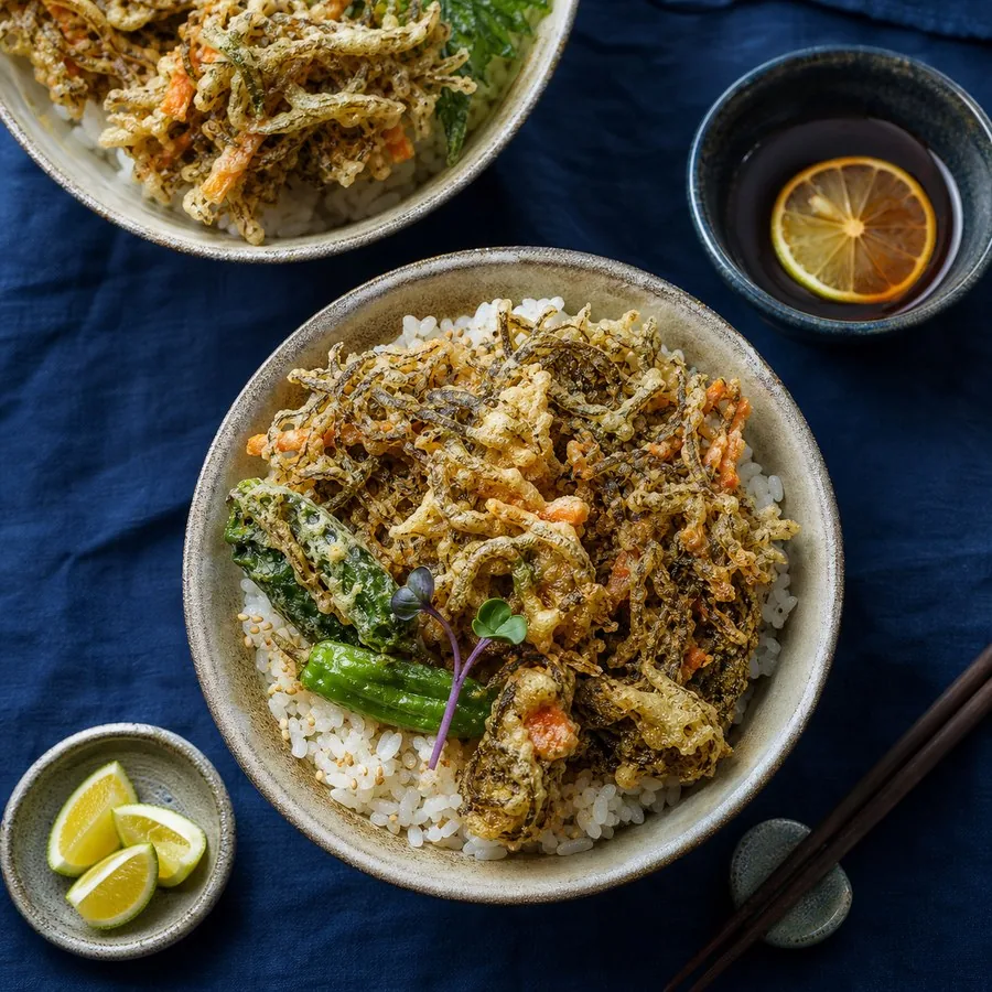 Okinawan Mozuku Tempura Rice Bowl, finished dish