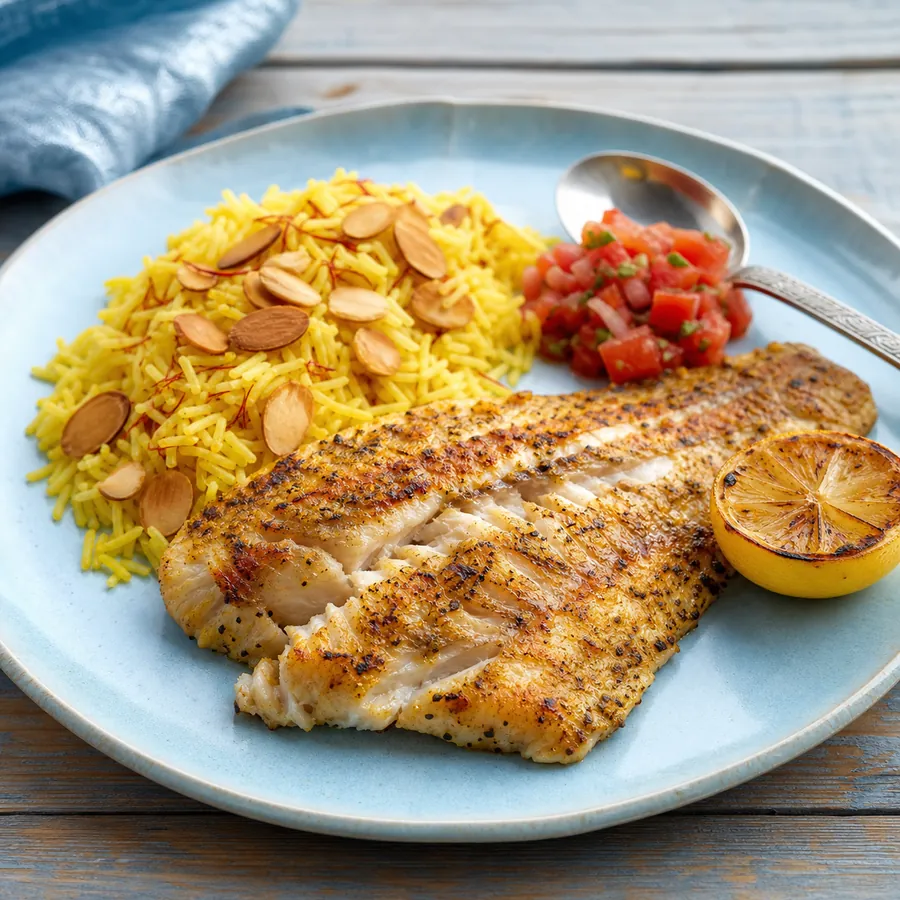 Omani Mashuai Fish with saffron rice and tomato salsa