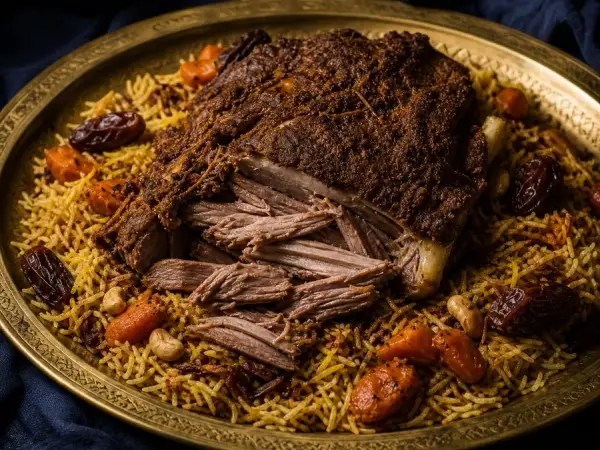 Omani Shuwa-inspired lamb rice on an engraved brass platter