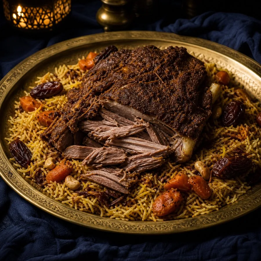 Omani Shuwa-inspired lamb rice on an engraved brass platter