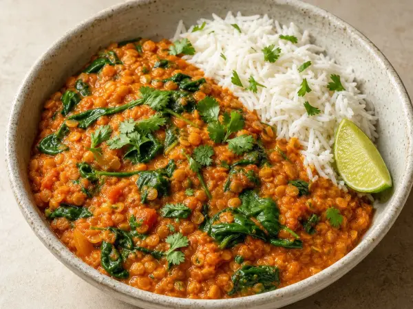One-Pot Coconut Red Lentil Curry with Spinach, finished dish