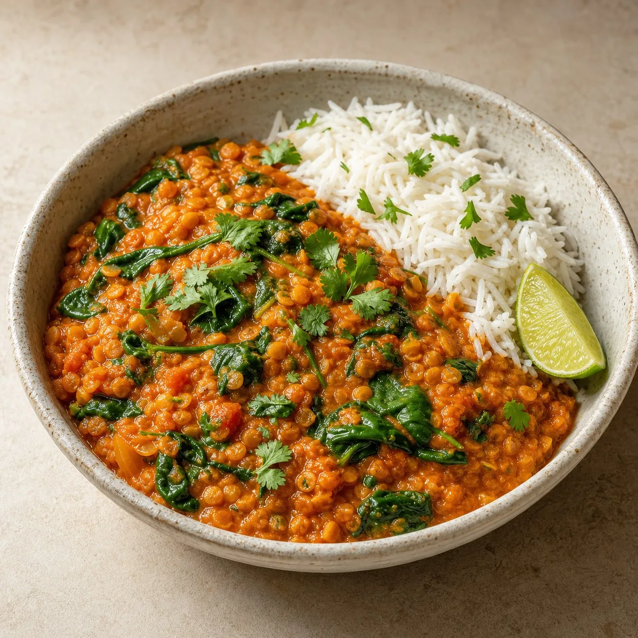 One-Pot Coconut Red Lentil Curry with Spinach, finished dish