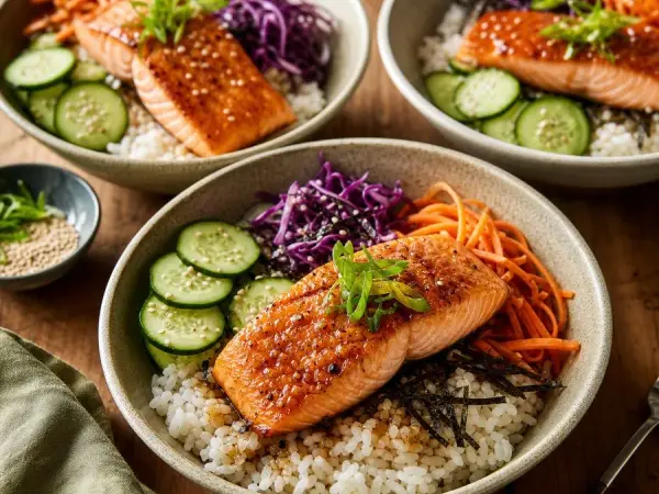 Pacific Northwest Cedar-Style Salmon Rice Bowl, finished dish