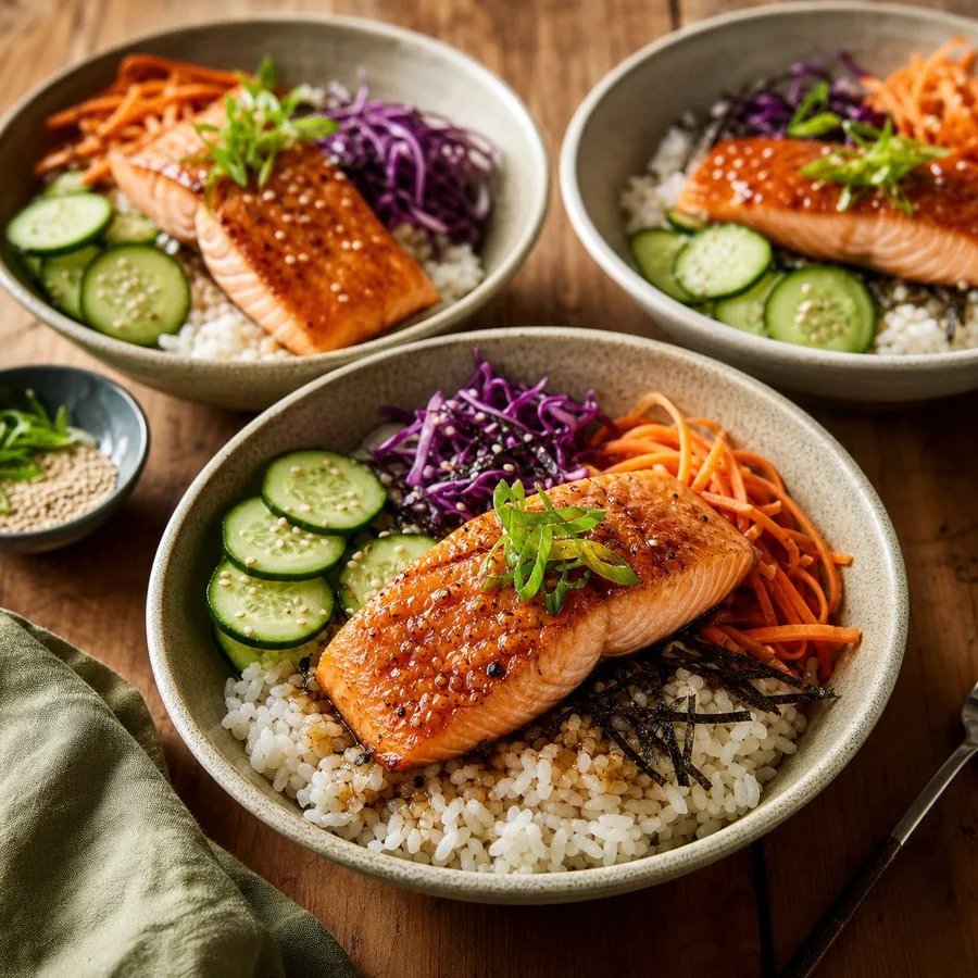 Pacific Northwest Cedar-Style Salmon Rice Bowl, finished dish