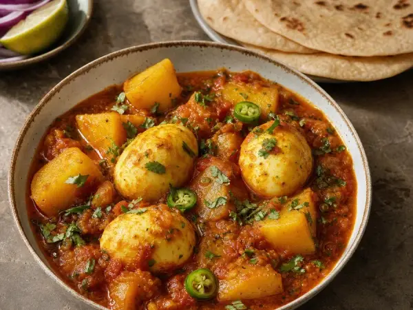 Pakistani Aloo Anday Curry with Roti, original finished dish food photograph