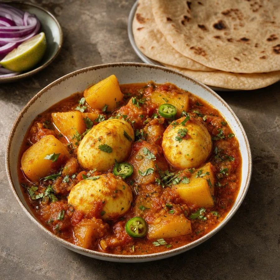 Pakistani Aloo Anday Curry with Roti, original finished dish food photograph