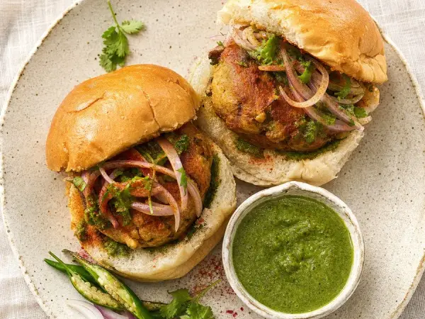 Pakistani Bun Kebab with Chutney, original finished dish food photograph
