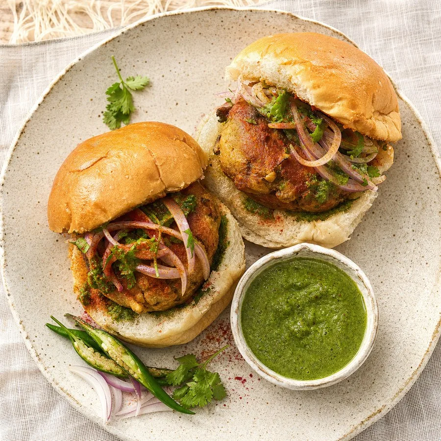 Pakistani Bun Kebab with Chutney, original finished dish food photograph