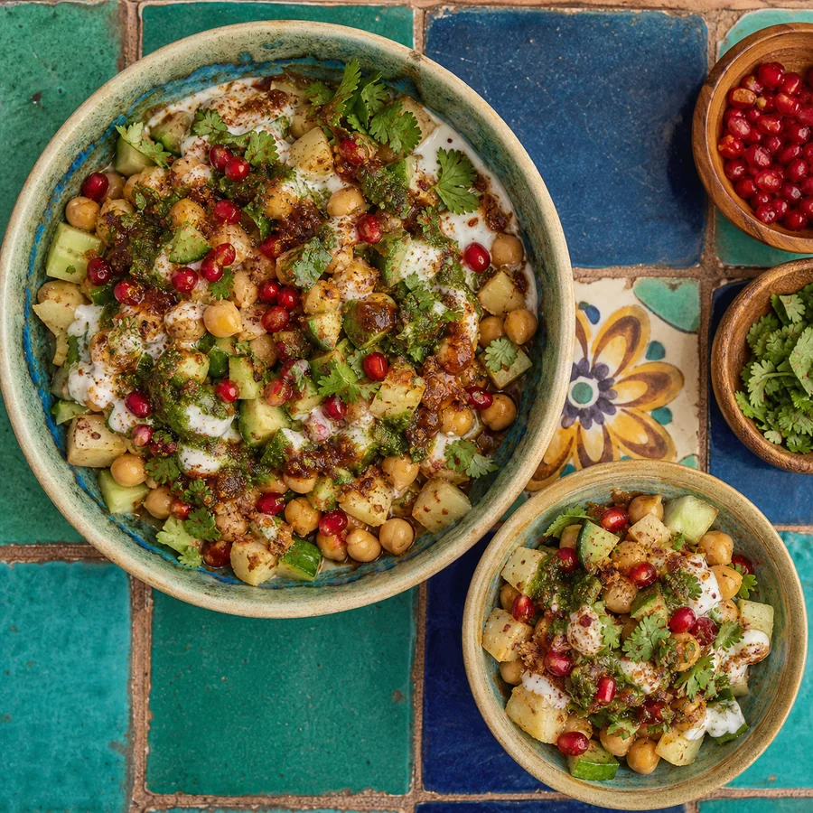 Pakistani Chana Chaat with Yogurt, finished dish