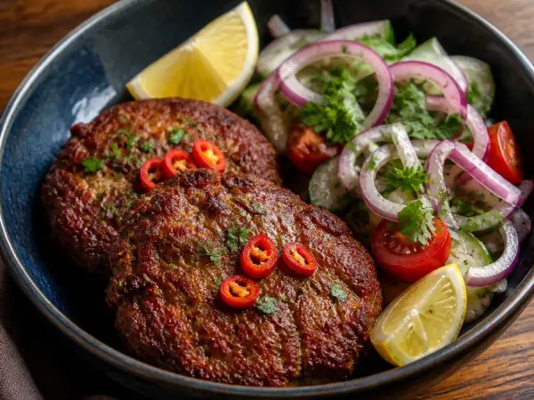 Pakistani Chapli Kebab with Herb Salad, original finished dish food photograph